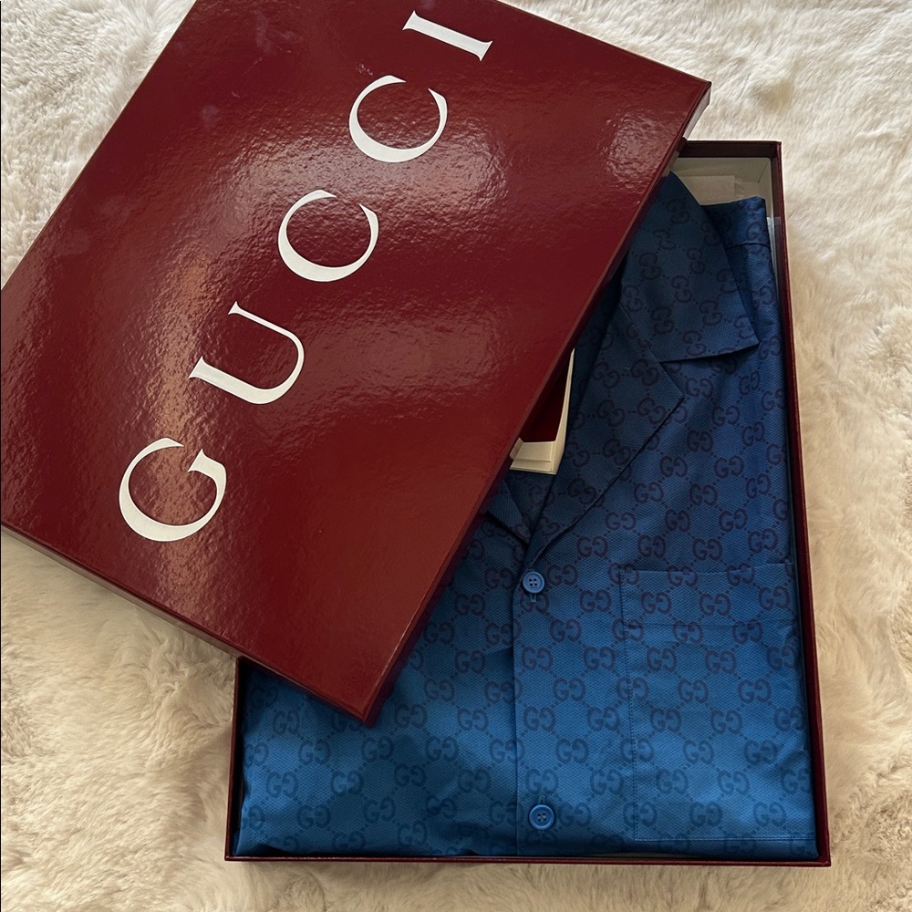 Gucci Blue Gradient Short-Sleeve Button-Down Shirt